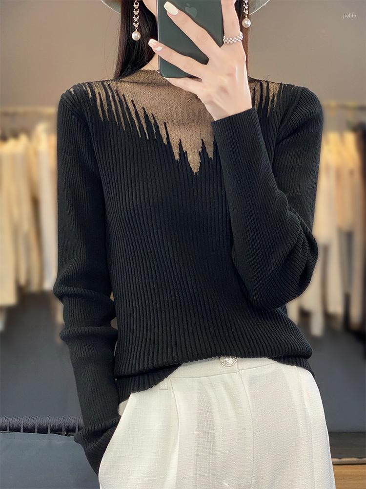 Womens Sweaters Commuter Semi-Turtleneck Worsted Wool Sweater Autumn And Winter Lace Mesh Stitching Slim Bottoming Shirt Top