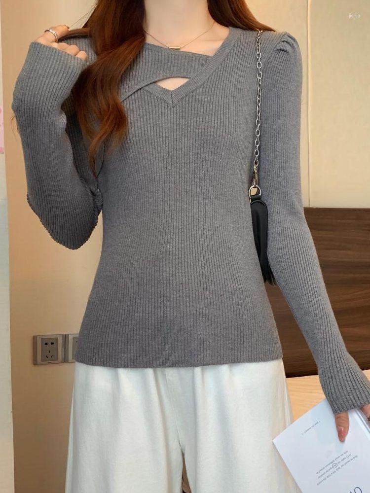 Womens Sweaters Autumn Winter Wool Sweater Pullover Girl Hollow Out Full Puff Sleeve High Stretch Slim Base Knitted Jumper Top
