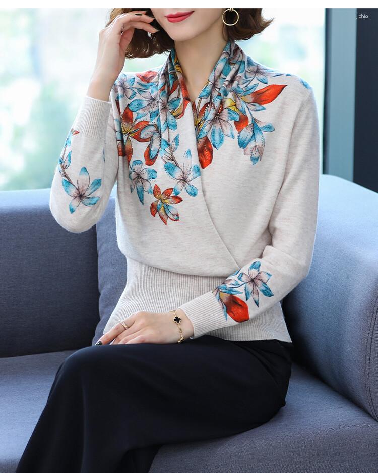 Womens Sweaters Floral Sweater 2023 Autumn Winter V-neck Knitted Pullover Long Seeve Mothers