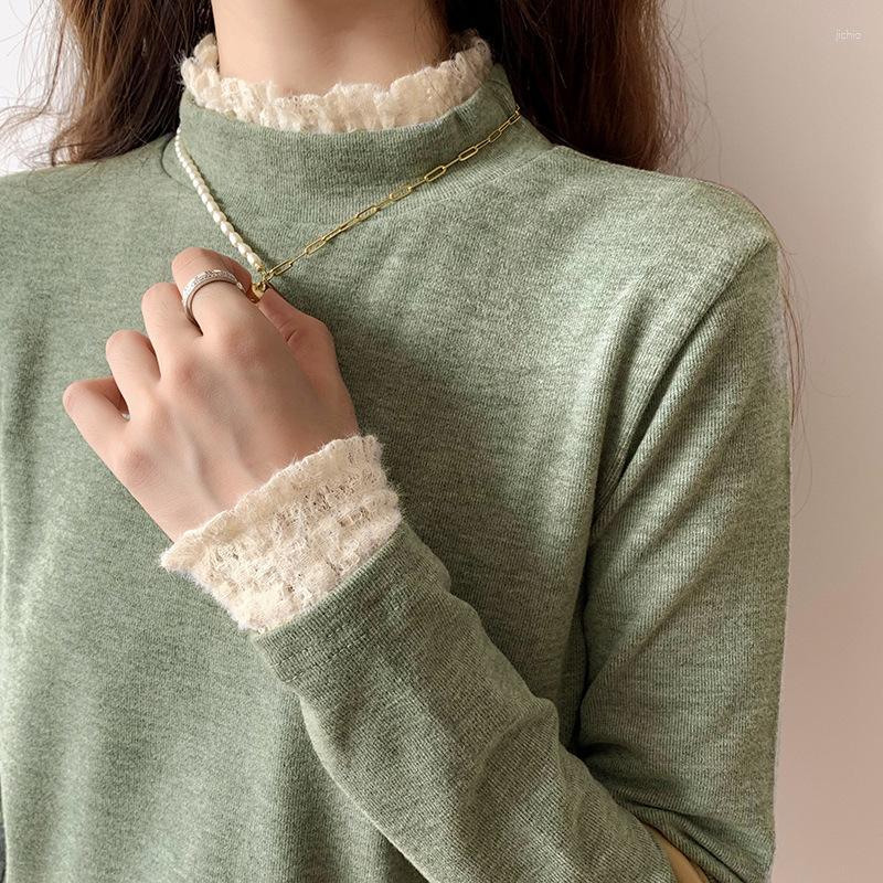 Womens Sweaters Autumn Winter Bottom Sweater Shirt Lace Half-high Neck Long-sleeved T-shirt Blouse Vintage Leisure Warm Pullovers Top