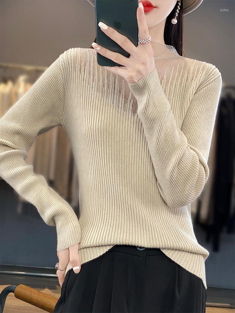 Womens Sweaters Commuter Semi-Turtleneck Worsted Wool Sweater Autumn And Winter Lace Mesh Stitching Slim Bottoming Shirt Top