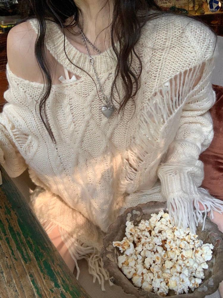 Womens Sweaters Korobov Loose Lazy Sweater Autumn Pullover O Neck Off Shoulder Slim Y2k Top Hole Tassel Design Harajuku Fashion Womens