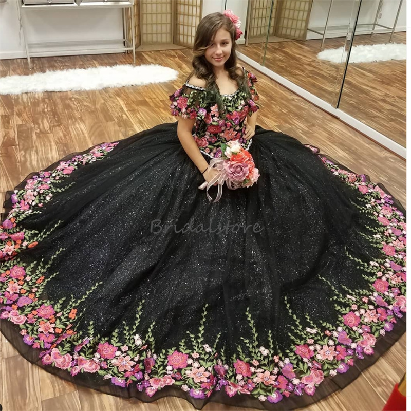 Beautiful Charro Black Mexican Quinceanera Dress 2024 Off Shoulders Ball Gown Costume Halloween Prom Dress Sweet 16 Birthday Vestidos De Xv Debutantes