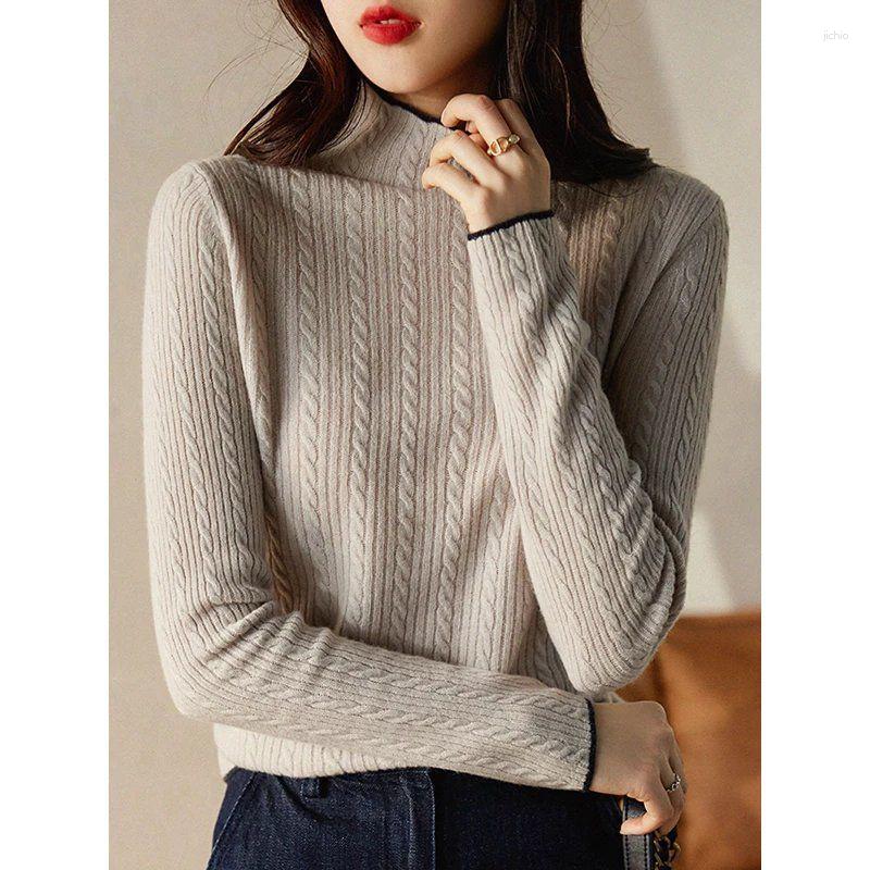 Womens Sweaters Vintage Fashion Autumn Winter Half High Neck Sweater For Women Slim Fit Pit Stripe Solid Color Comfortable Underlay Top