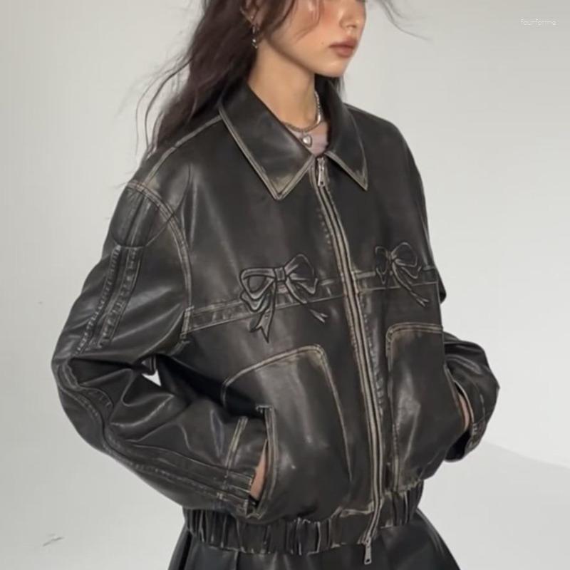 Women's Bow Motorcycle Leather Jacket Autumn Fashion Zipper Polo-Neck Tops Sweet Cool Casual Vintage Oversized Coats Polyester Purple B2