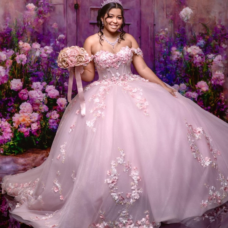 Pink Shiny Sexy Sweetheart Quinceanera Dress Sweet 2024 Off Shoulder Applique Lace wer Tull Vestidos De 15 Anos Ball Gown