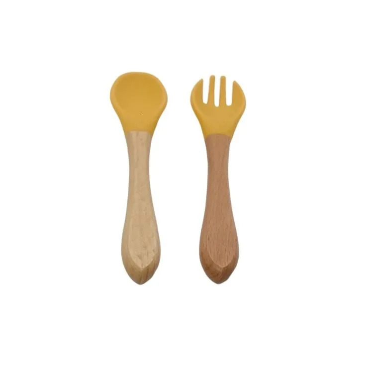 Cups Dishes Utensils Baby Food Feeding Tableware Children Learn To Eat Training Wood silicone Spoon Fork Bebe Flatware Infants Utensils Kids Gadgets 2