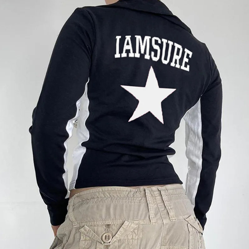 Women's Jackets Y2k Aesthetic Women Autumn Zipper Coats Long Sleeve Tops Splicing Star Slim Fit Letter Printing Kpop Grunge Clothes 231009