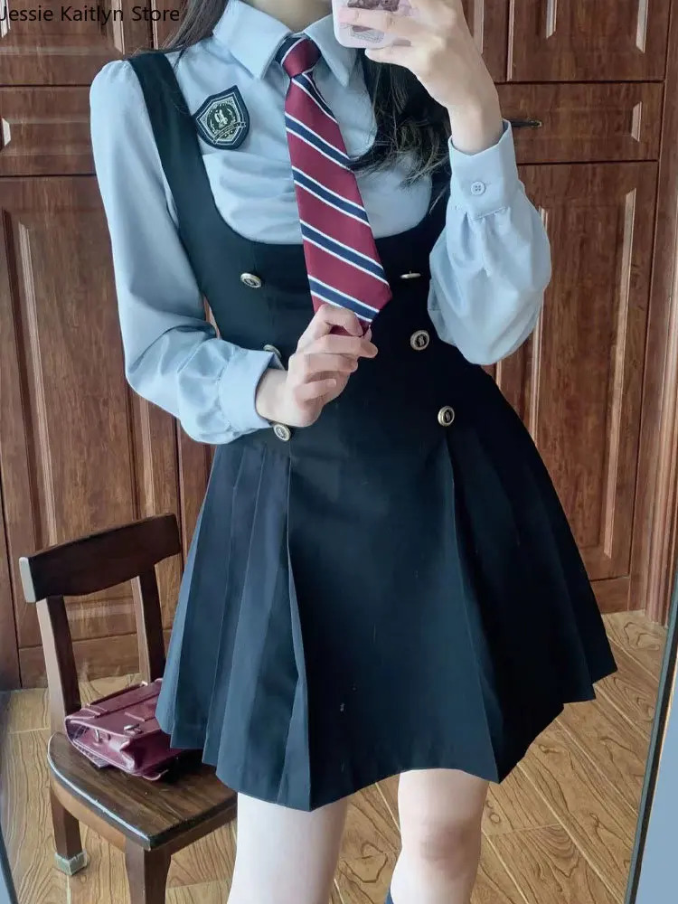 Theme Costume Japanese Kawaii JK School Uniform Summer Cute Slim Shirt Sets Solid Graduation Girls Cosplay Strap Skirt 231009