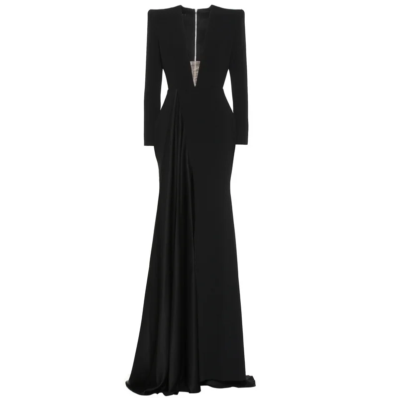 Elegant Long Black V Neck Crepe Evening Dresses Full Sleeves with Slit Mermaid Sweep Train Party Gown Dress