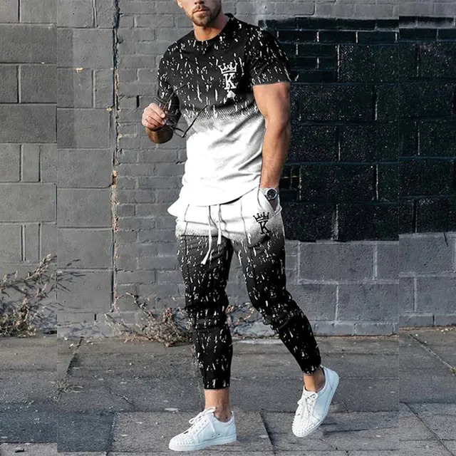 Men's Tracksuits Men's Trousers Tracksuit 2 Piece Set 3D Printed Summer Jogger Sportswear Short Sleeve T ShirtLong Pants Casual Street Cloth