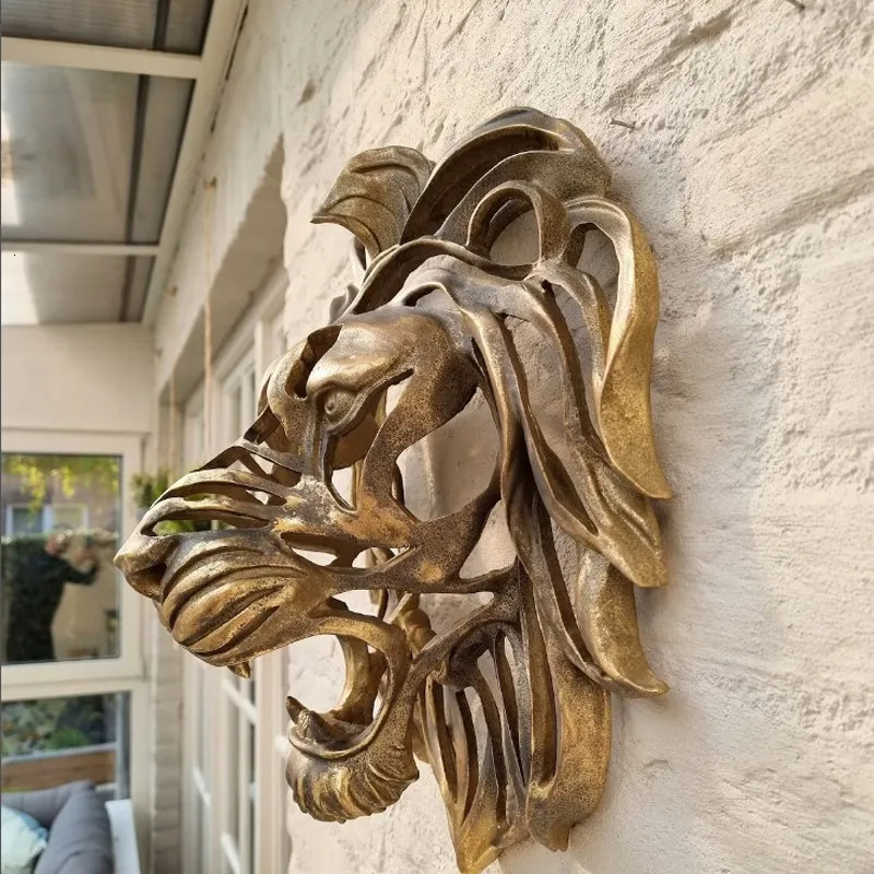 Decorative Objects Figurines Rare Find Large Lion Head Wall Mounted Art Sculpture Gold Resin Decor Kitchen Bedroom Dropshippin 231009