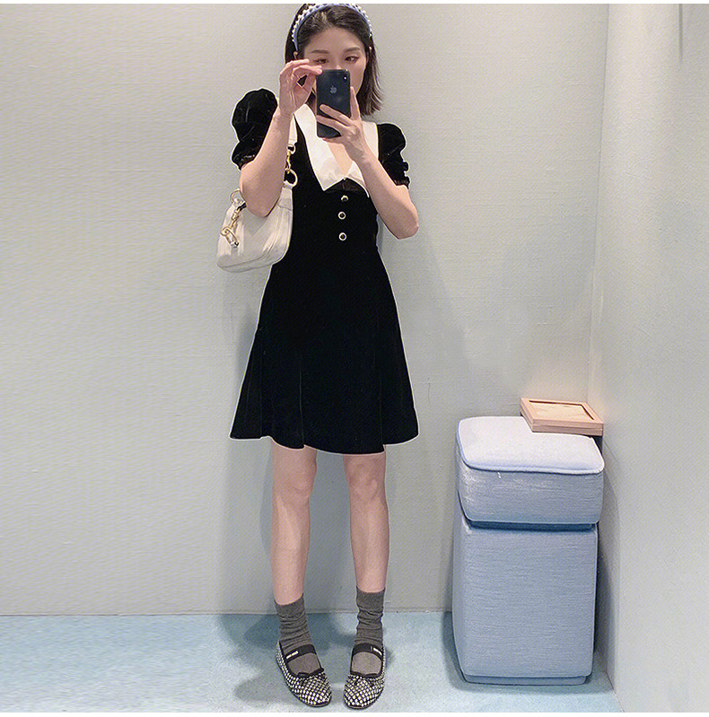 925 2023 Milan Style Runway Dress Autumn Lapel Neck Long Sleeve Black Apricot Mid Calf Brand Same Style Empire Womens Dress Fashio