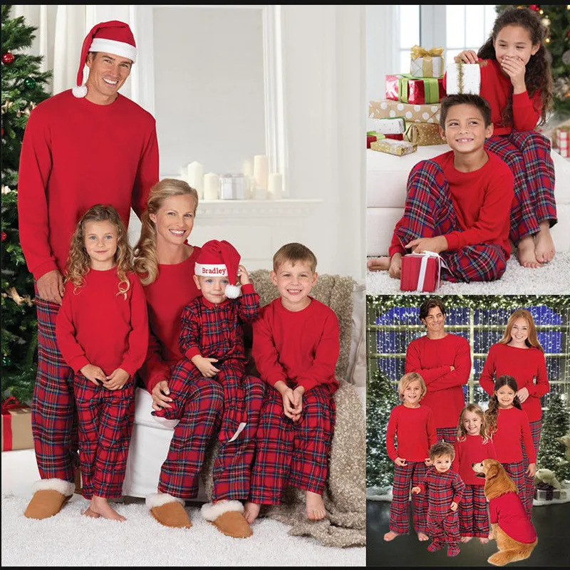 Jackets Family Christmas Pajamas Set Mom and Daughter Matching Clothes Red T-shirt Tops Plaid Pants Dad Kids Baby Family Look Outfits 231009