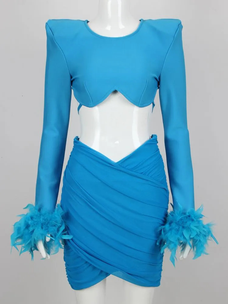 Two Piece Dress 2023 Summer Women S Sky Blue White Sexy Two Piece Skirt Feather Pleated Top Pencil Celebrity Party Bandage Set 231009