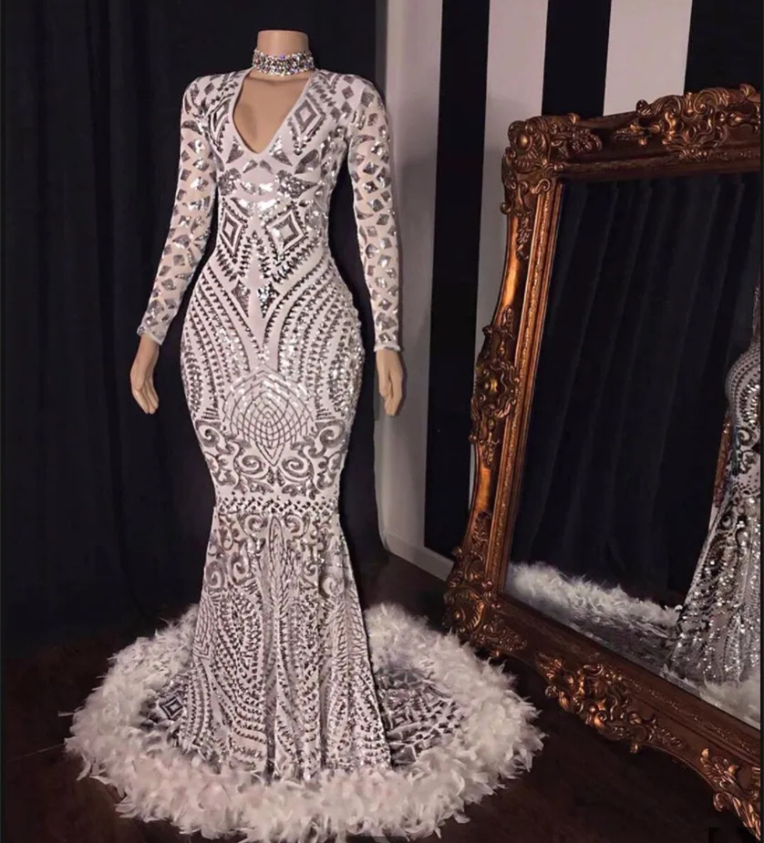 Glitter Silver Sequin Lace Mermaid Prom Dresses Long Sleeves Feather Special Occasion Gowns V-Neck Sexy African Black Girls Formal Party Dress