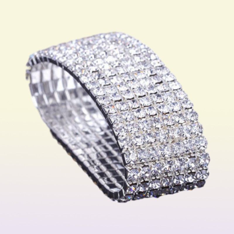 12 pieces Lots 110 Row Silver Bracelets Crystal Rhinestone Elastic Bridal Bangle Bracelet Stretch Whole Wedding Accessories f