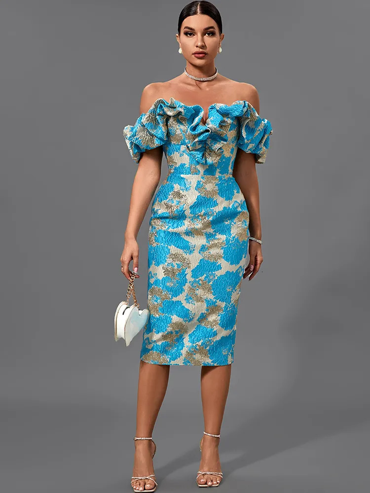 Basic Casual Dresses Jacquard Party Dress Women s Yellow Bodycon Elegant Sexy Midi Evening Club High Quality Summer Outfit 231009