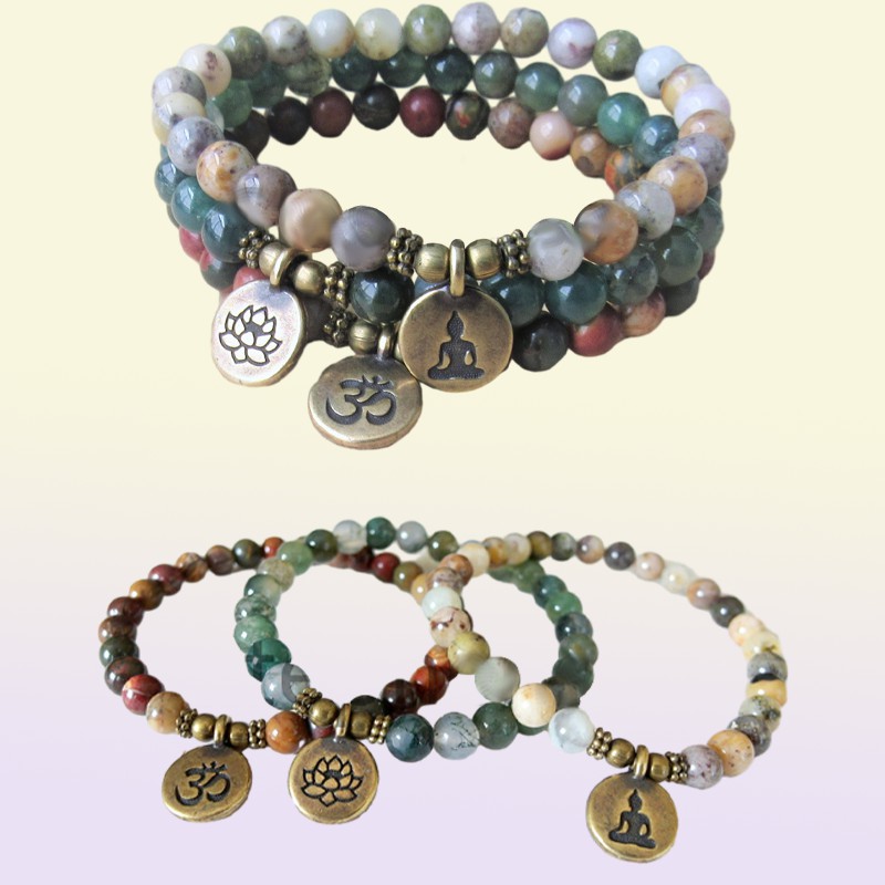 MG0672 Picasso Jasper Ohm Bracelet Natural Crzay Agate Mala Beads Bracelet New Design Moss Agate Lotus Charm Bracelet