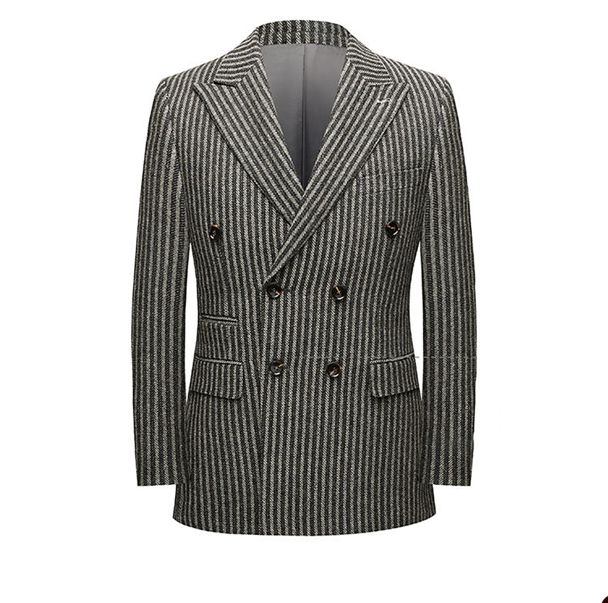 Gray Wool Winter Men Suit's For Wedding Formal Striped Groom Tuxedos Male Fashion 2 Pieces Double Breasted Pants Sets