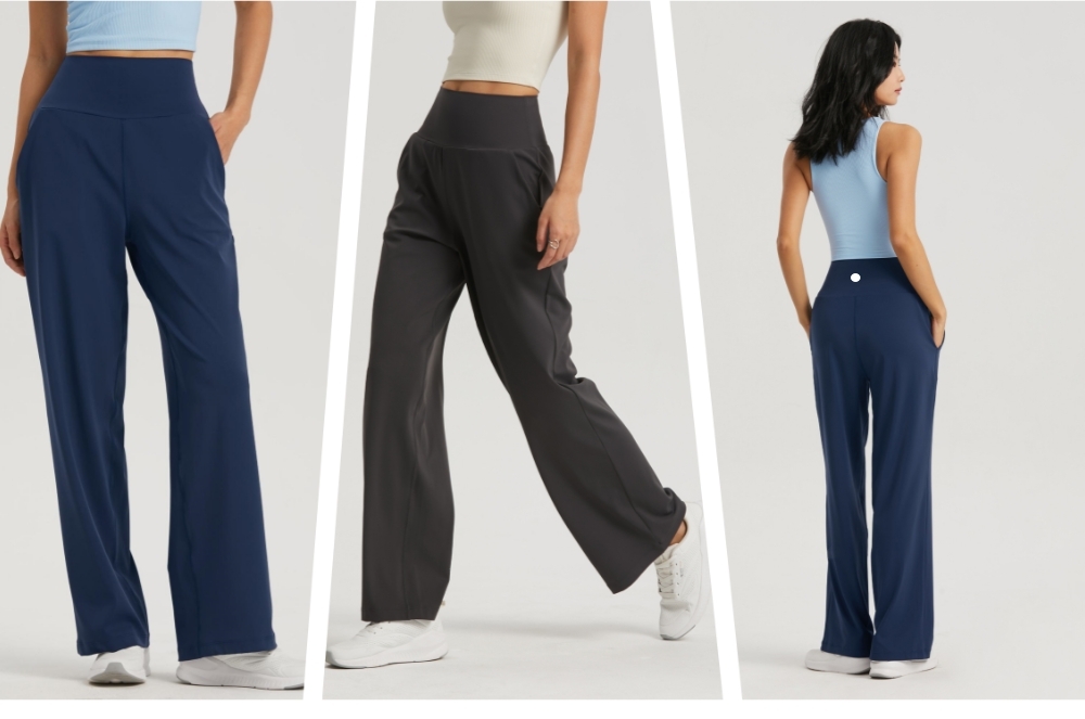 UUwomen-1203 New Large Pocket Wide Leg Pants straight High-waisted Yoga Pants Women's Loose Sports Pants