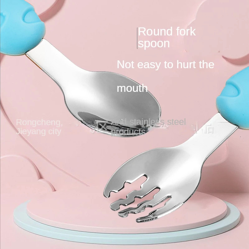 Cups Dishes Utensils Children Learn To Eat Training Tableware Baby Cute Stainless Steel Spoon Fork Toddler Kicthen Utensils Bebe Gadgets Spork Foon 23