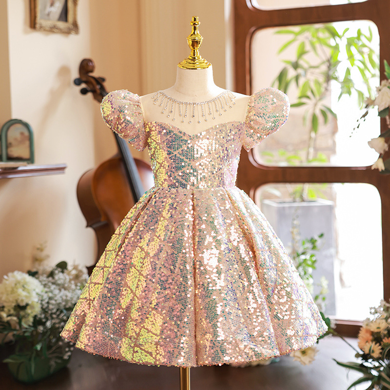 Glossy Sequined Flower Girl Dresses Shiny Bling Puff Princess Ball Gowns For Wedding Sweep Train Little Girls Birthday Party Toddlder Pageant Dress 40