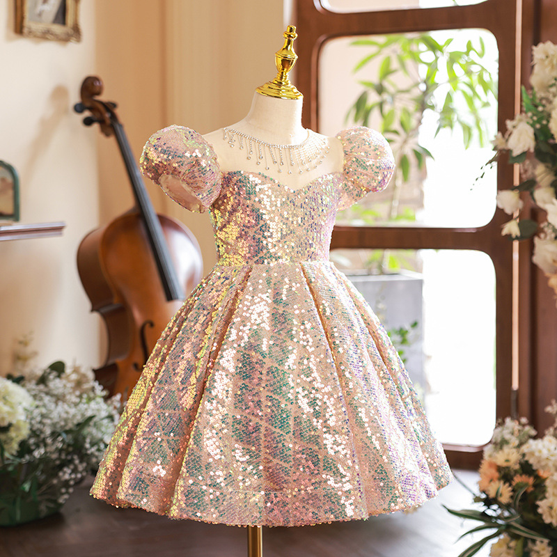 Glossy Sequined Flower Girl Dresses Shiny Bling Puff Princess Ball Gowns For Wedding Sweep Train Little Girls Birthday Party Toddlder Pageant Dress 40