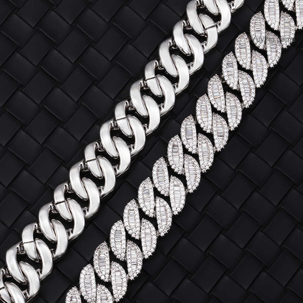 Custom 15mm Width Solid Sier with Gra Baguette Moissanite Cuban k Chain Mens Hip Hop Necklace