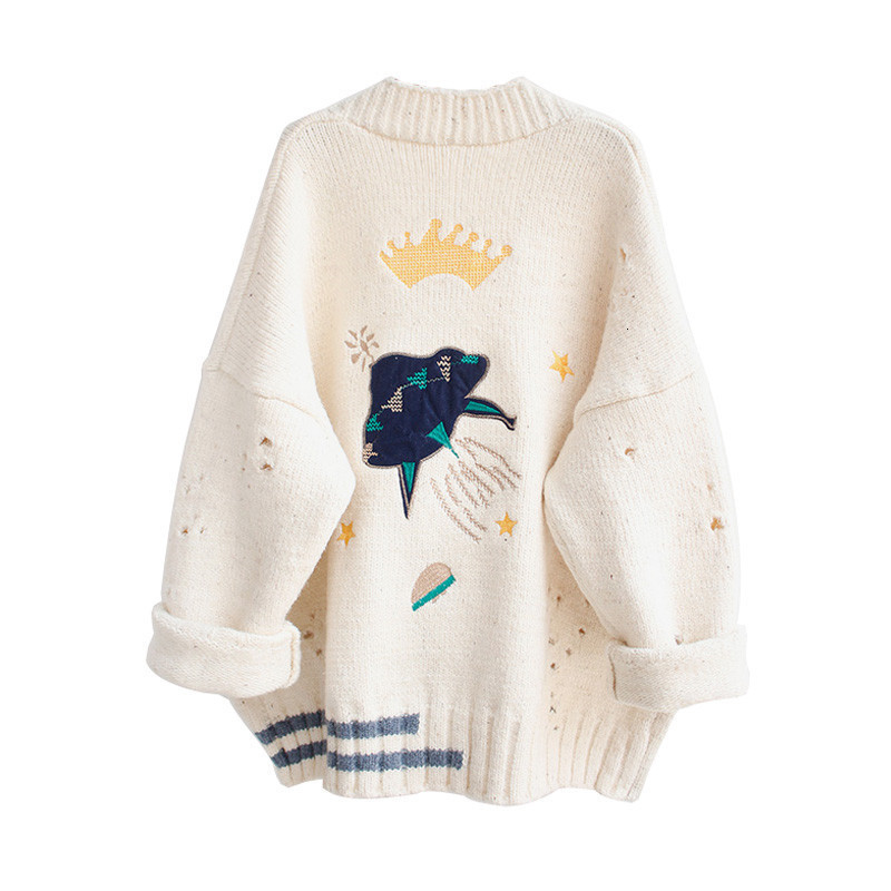 AZYT Women Autumn Winter Knitted Cardigan Cartoon Embroidery Oversize Sweater Coat Harajuku Loose Elegant V Neck Women Cardigans 201119