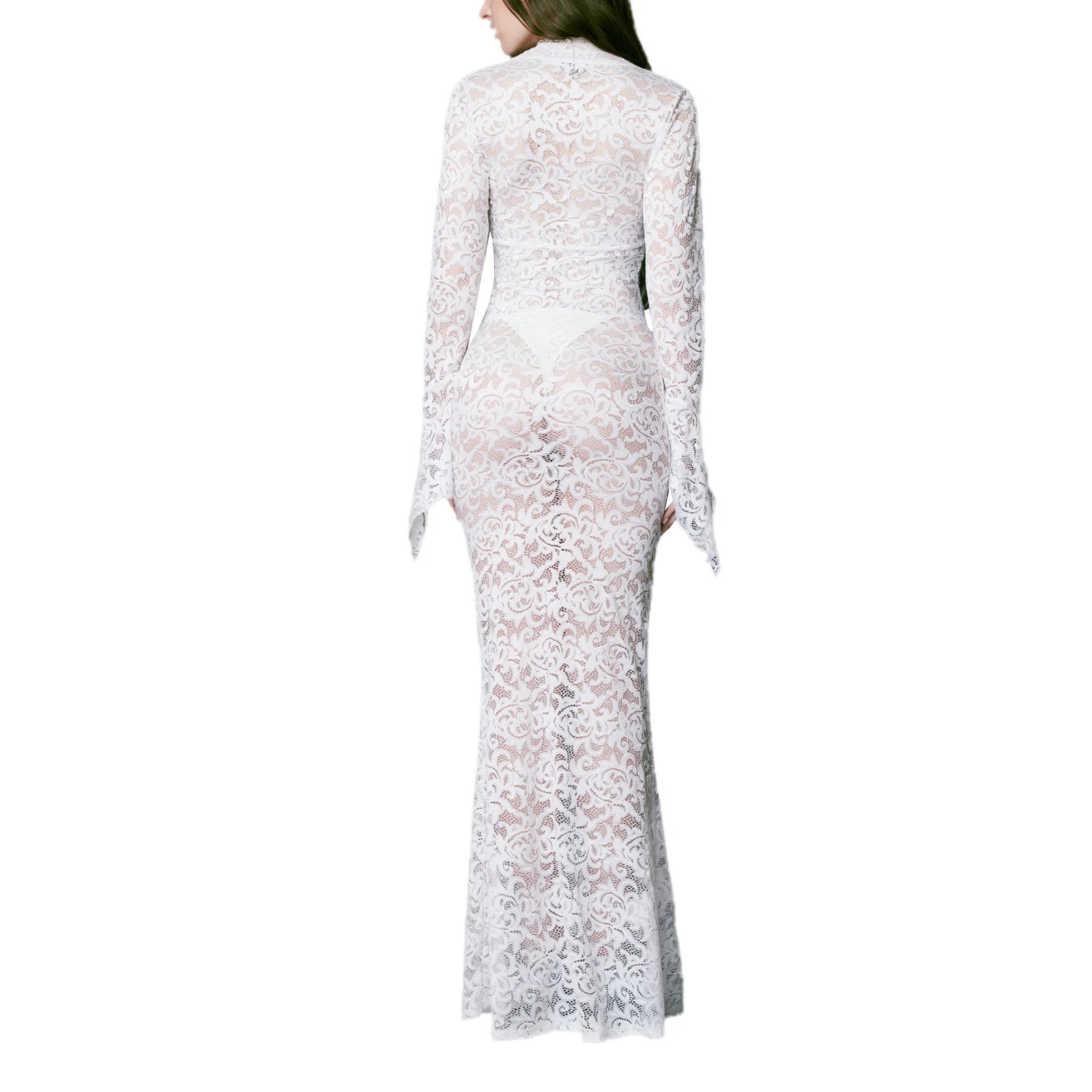 Basic Casual Dresse Long Fitted Dress Sleeve V Neck See though Evening Lace Floral Party 231009