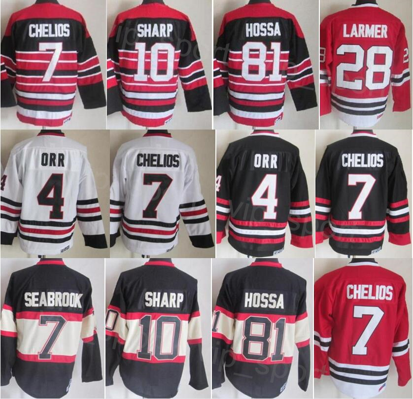 CCM Hockey Retro 10 Patrick Sharp Jersey Retire 81 Marian Hossa 28 Steve Larmer 4 Bobby Orr 7 Chris Chelios 9 Bobby Hull Vintage Classic Black Red White Embroidery