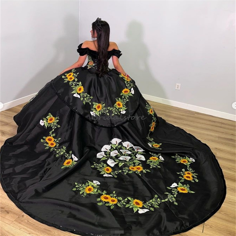 Mexican Black Sunflowers Quinceanera Dresses 2024 Princess Ball Gown Emboridery Birthday Dress Vestidos De Xv Anos 15 Charro Vestidos 16 Debutantes Ma