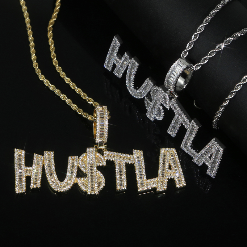 New Designer Hustla Letter Us Dollar Sign Pendant Charm Necklace Iced Out for Men Bling Cubic Zirconia Cz Charm Gold Plated Hip Hop Fashion Jewelry