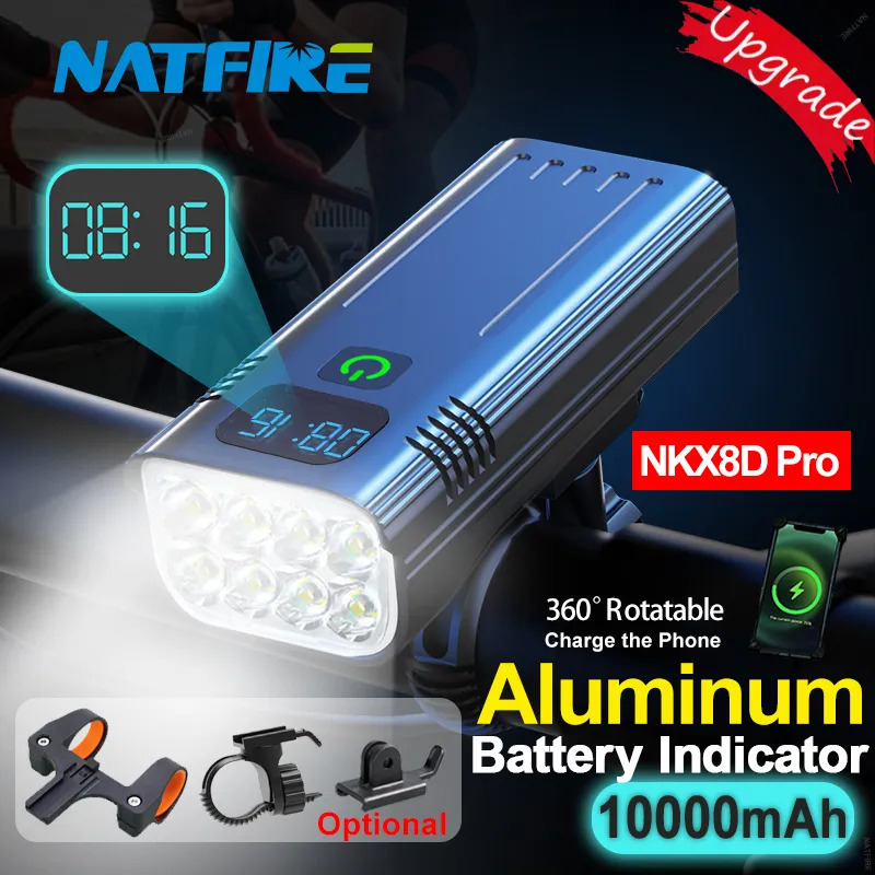 Bike Lights NATFIRE 10000mAh Bicycle Light Digital Battery Indicator USB Rechargeable Set with 3 Holders 7000LM 8 LED Flashlight 231009
