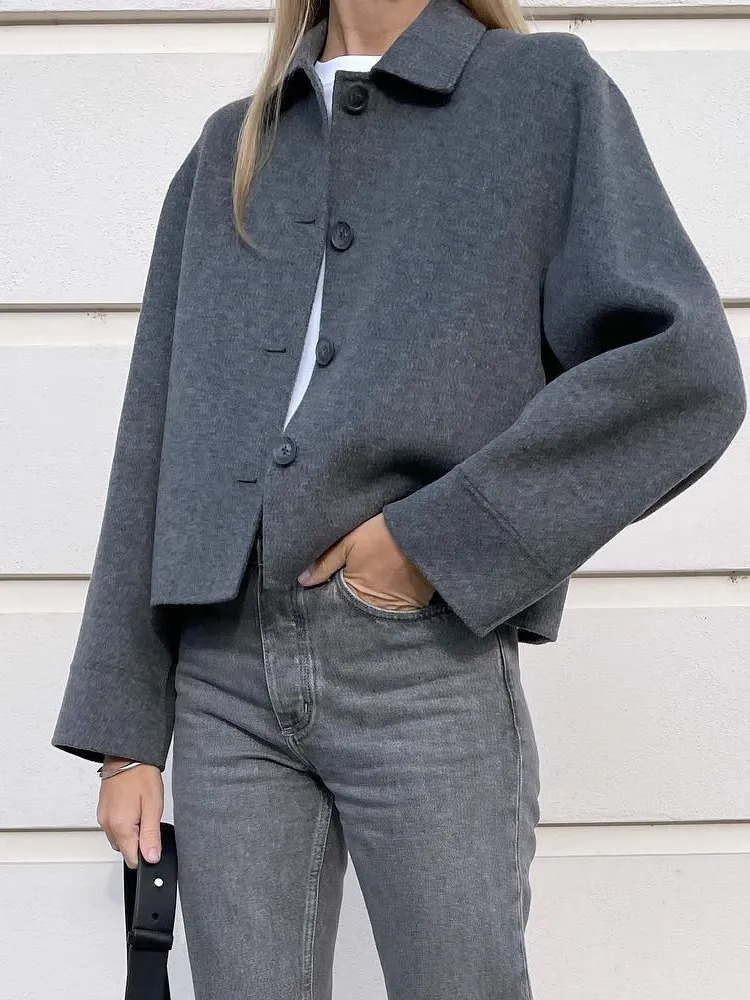 Women's Jackets Vintage Solid Cropped Woolen Jacket For Woman 2023 Long Sleeve Lapel Short Coats Female Autumn High Street Lady Chic Outerwear 23