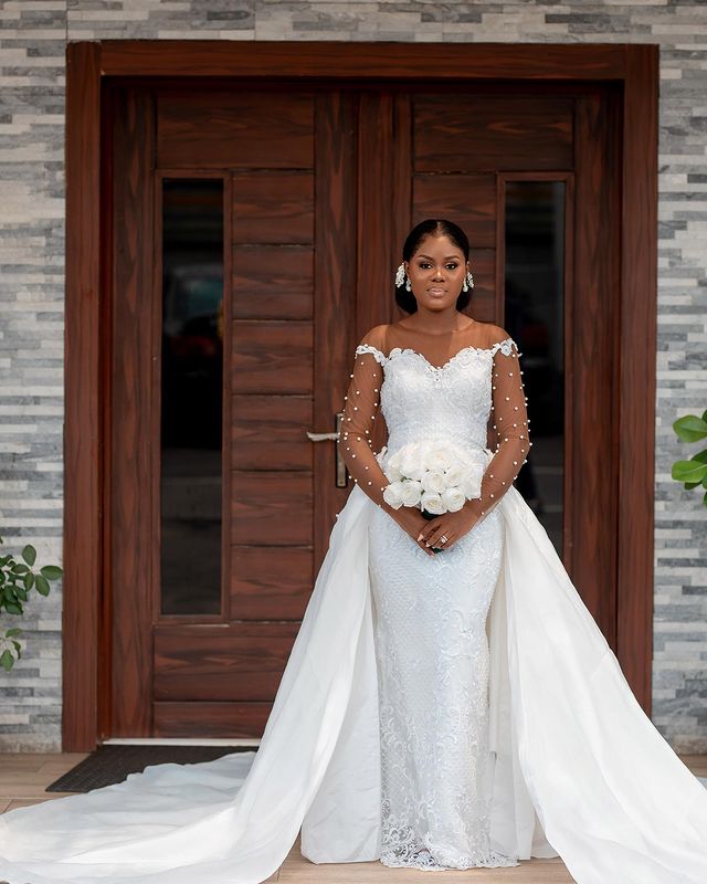 2023 Oct Arabic Aso Ebi Plus Size White Mermaid Luxurious Wedding Dress Lace Detachable Train Bridal Gowns Dresses ZJ407