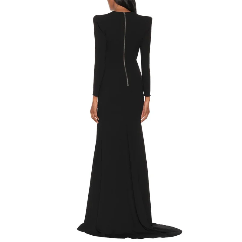 Elegant Long Black V Neck Crepe Evening Dresses Full Sleeves with Slit Mermaid Sweep Train Party Gown Dress