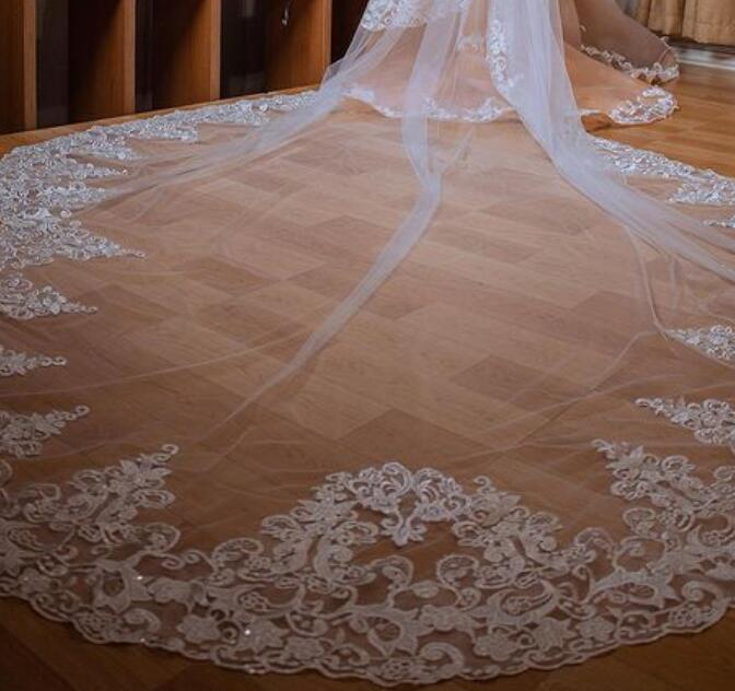 2023 Gorgeous 3M Wedding Veils With Lace Applique Edge Long Cathedral Length Veils One Layer Tulle Custom Made Bridal Veil