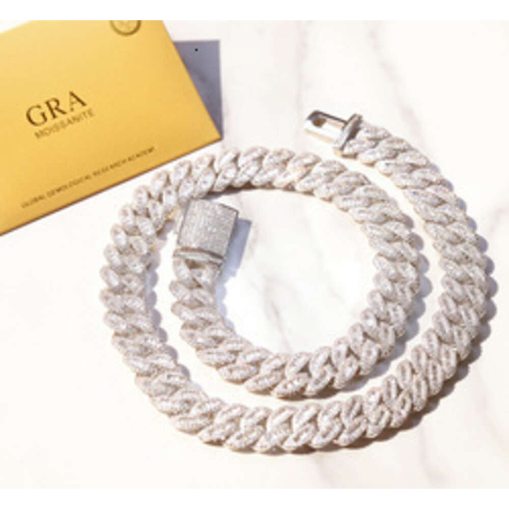 Custom 15mm Width Solid Sier with Gra Baguette Moissanite Cuban k Chain Mens Hip Hop Necklace