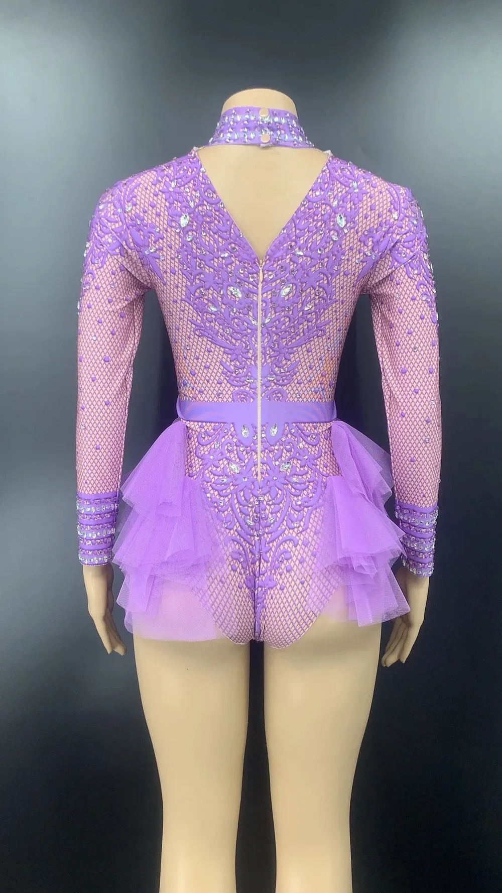 Women s Jumpsuits Rompers Sparkly s Pink Lace Bodysuit Women Long Sleeve Birthday Party Outfit Dance Costume Sexy Show Performance Stage Wear 231009