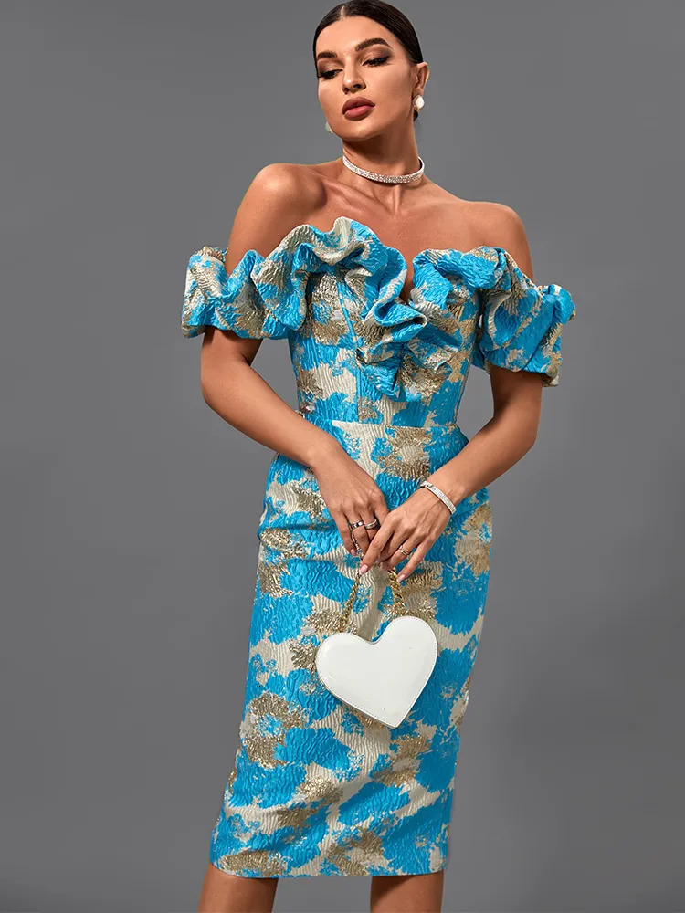 Basic Casual Dresses Jacquard Party Dress Women s Yellow Bodycon Elegant Sexy Midi Evening Club High Quality Summer Outfit 231009