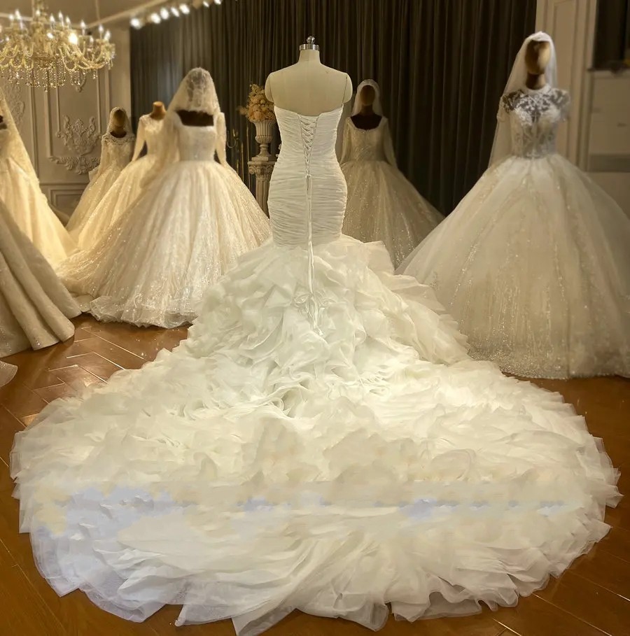 2024 Mermaid African Wedding Dress Strapless Organza Ruffles Tiered Cystal Sash Bride Formal Gowns Vestidos De Novia Robe De Mariage Customed
