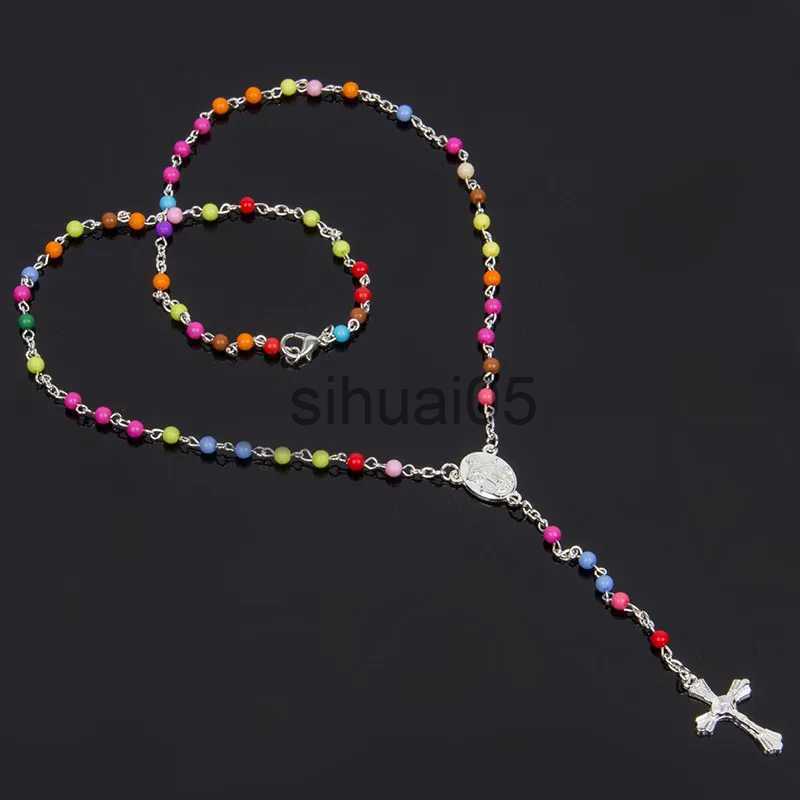 Pendant Necklaces Jesus Christ Cross Pendant Necklaces Alloy Bead Long Chain Mens Women Virgin Mary Christian Fashion Jewelry Rosary Necklace x10