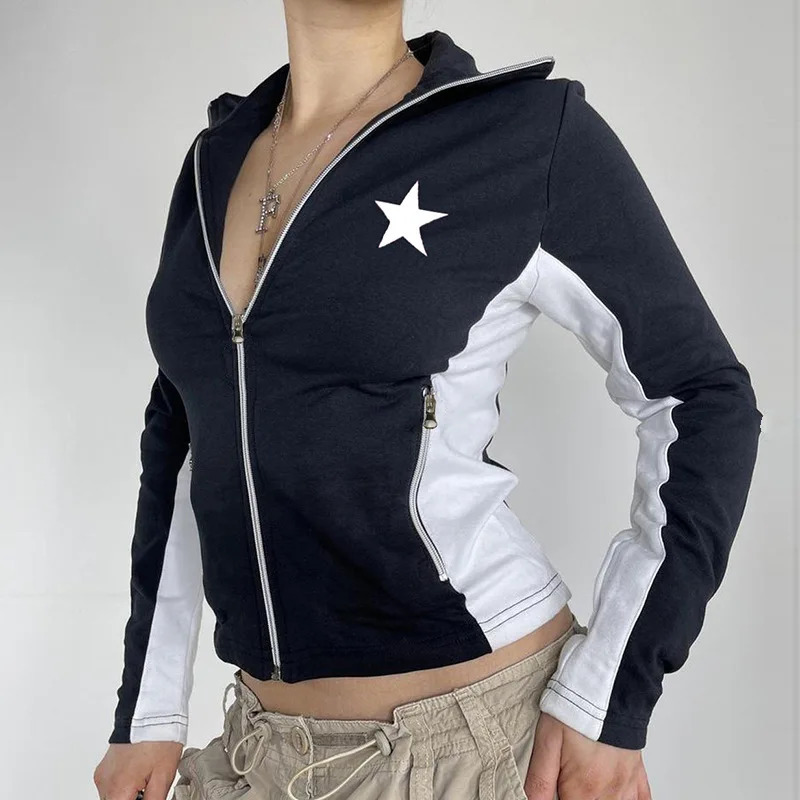 Women's Jackets Y2k Aesthetic Women Autumn Zipper Coats Long Sleeve Tops Splicing Star Slim Fit Letter Printing Kpop Grunge Clothes 231009