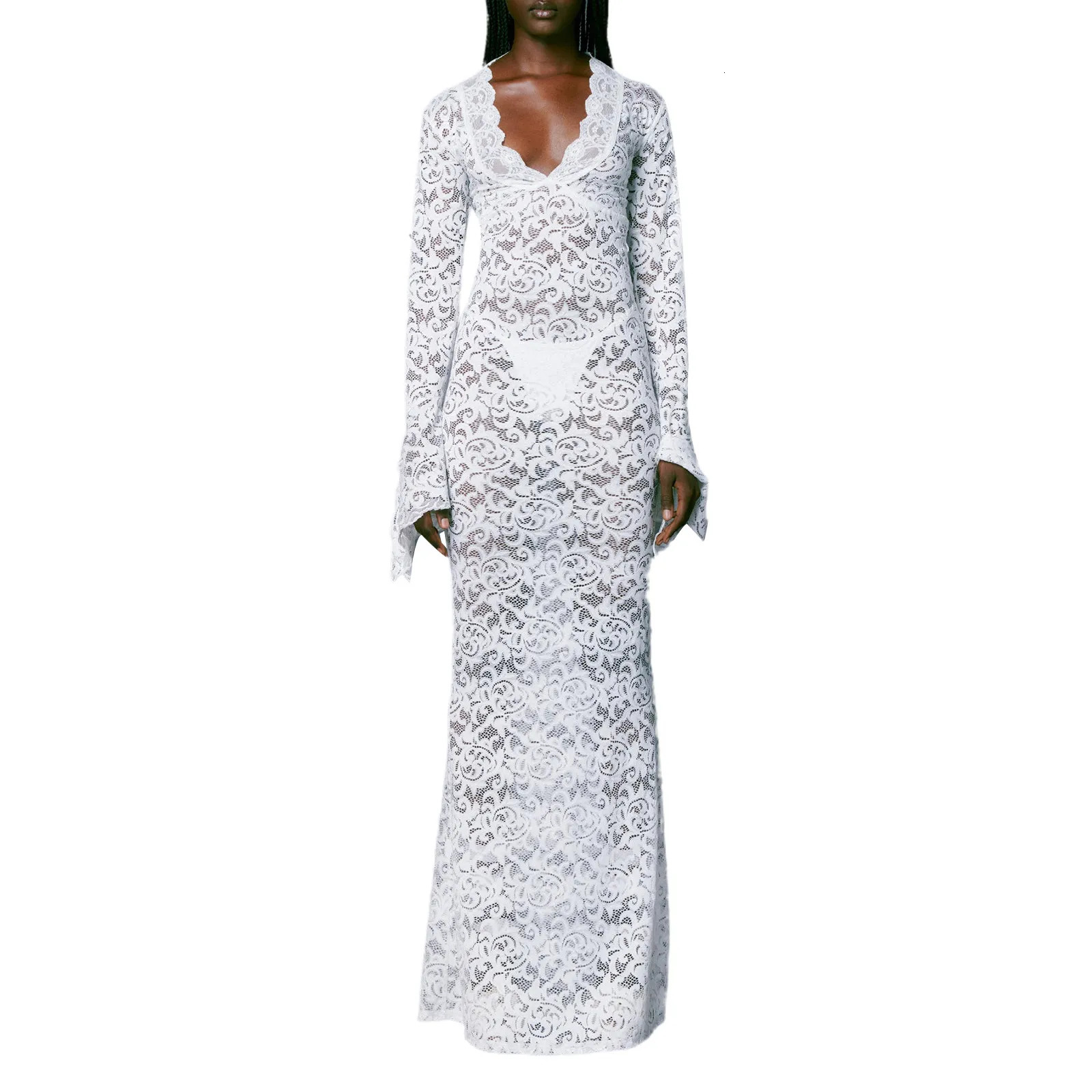 Basic Casual Dresse Long Fitted Dress Sleeve V Neck See though Evening Lace Floral Party 231009