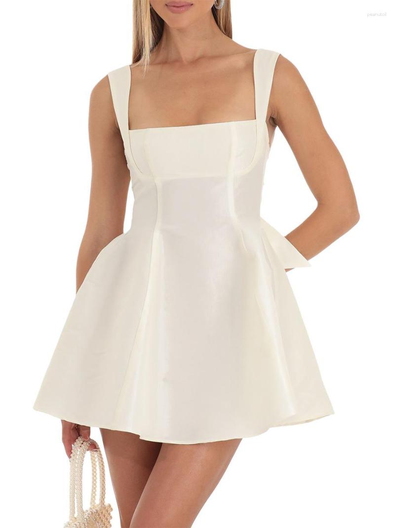Women's Satin Mini Dress, Spaghetti Strap, Square Neck, Backless, Bow, A-E, Party Clubwear, Polyester, Black, Champagne, Rose Red, White B4