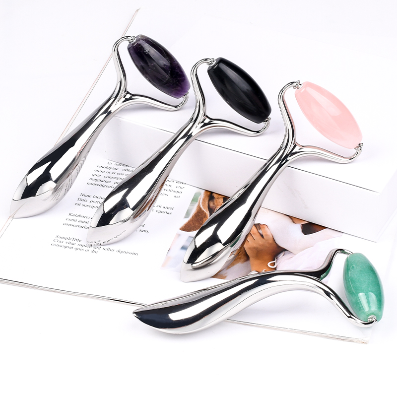 3D Face Massage Roller Metal Handle Natural Jade Stone Rose Quartz Face Roller Skincare Eye Head Massager Anti Wrinkle Anti-aging Beauty Products Rodi