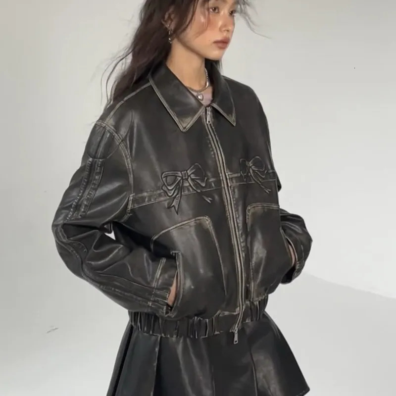 Women's Jackets Bow Y2k Motorcycle PU Leather Jacket Female Autumn Fashion Zipper Polo neck Sweet Cool Personal Street Vintage Oversize Coat Top 