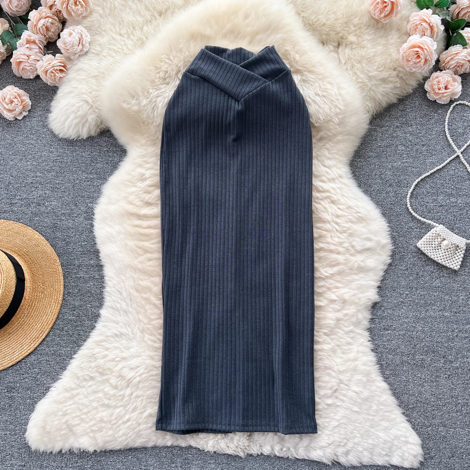 Skirt Chic Solid Elegant Elastic Slim Sexy Knit Skirt High Waist Fashion Vintage Autumn Hip Wrap Full 231009